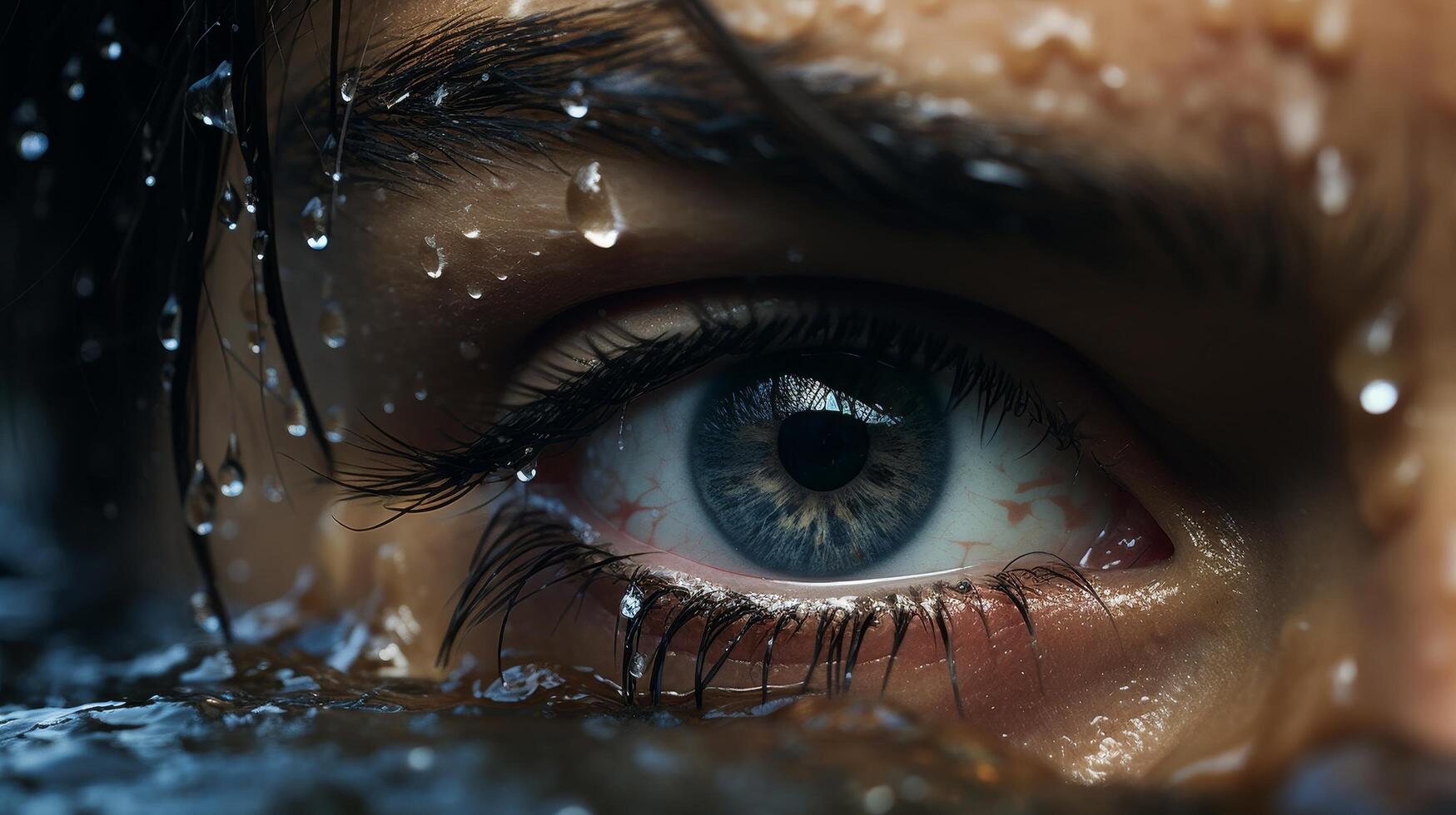 Captivating close up of a human eye in the rain photo