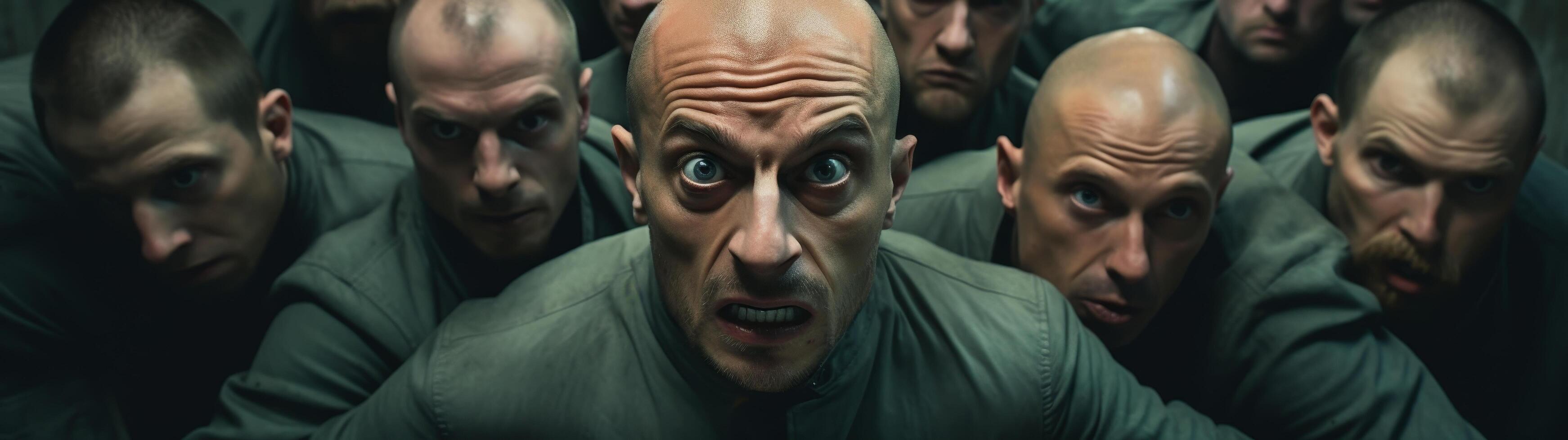 Intense group of bald men with intense expressions photo