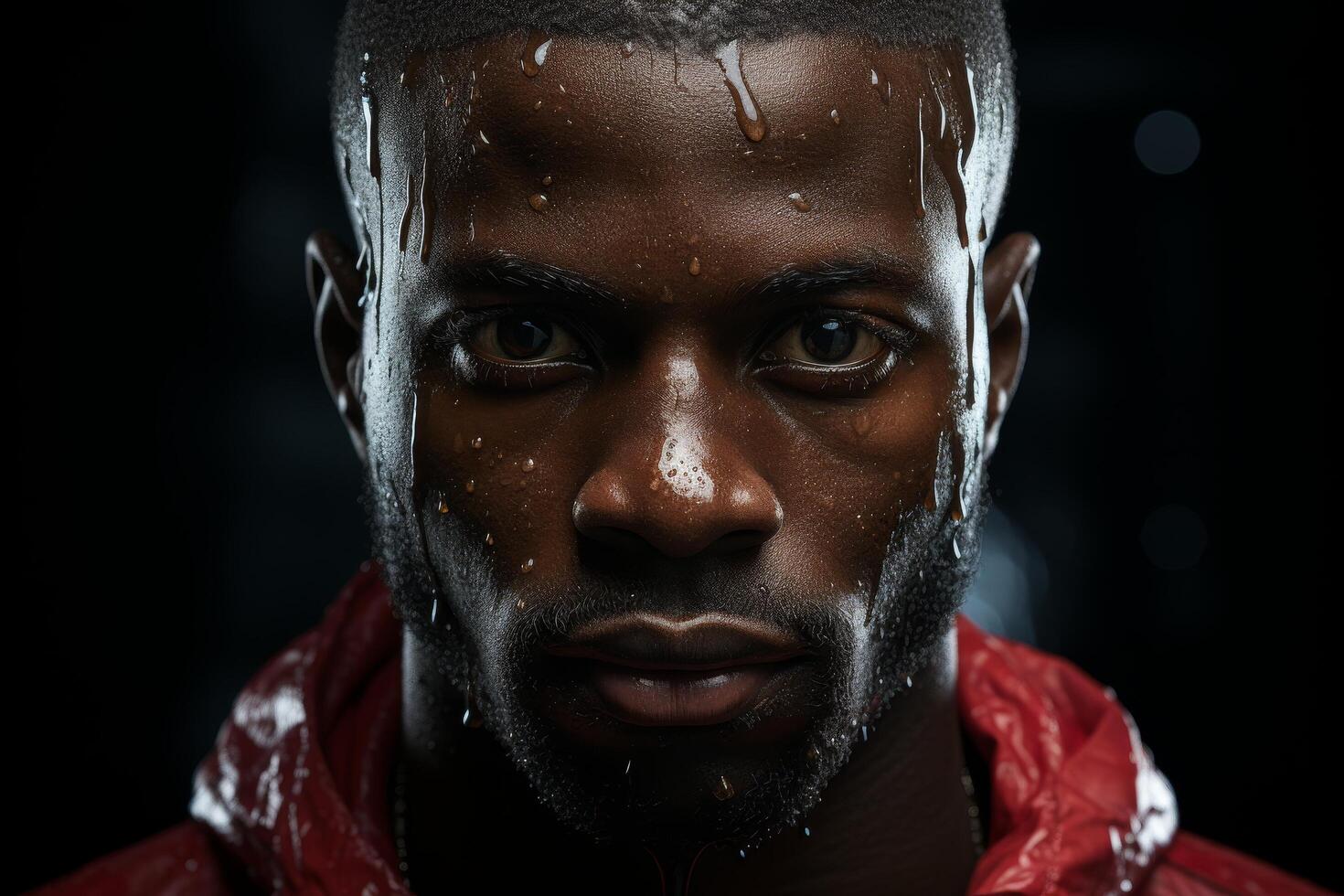 Intense close up portrait of a man with water droplets on his face photo