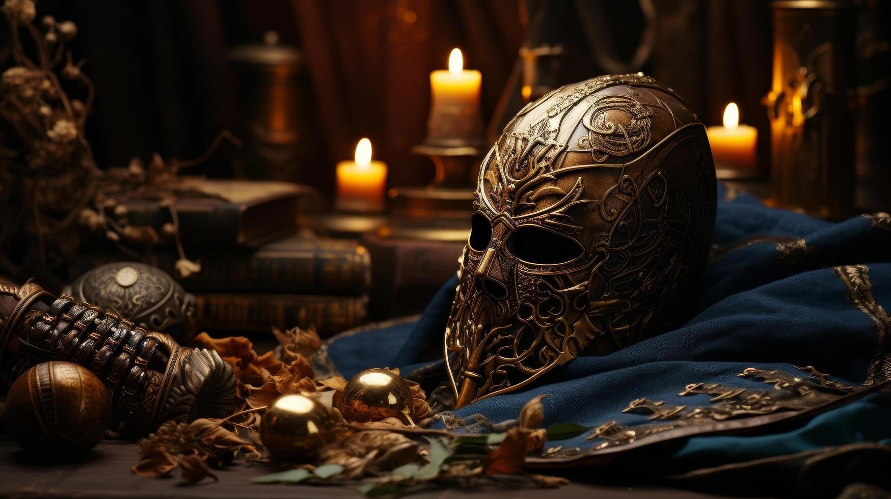 Mysterious medieval helmet and treasures photo