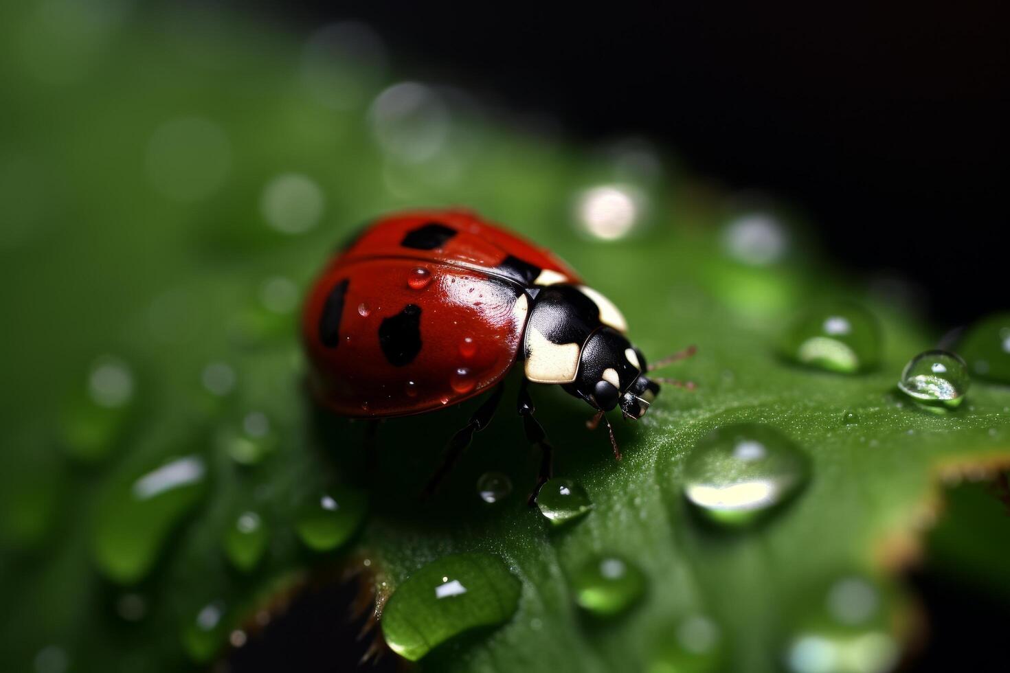 Closeup of a vibrant red ladybug on a green leaf photo