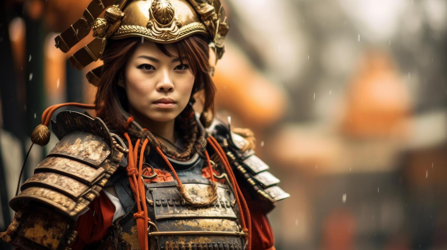 Fierce female warrior in traditional samurai armor photo