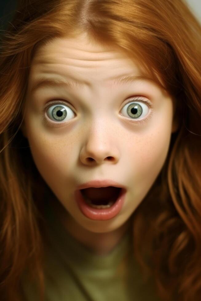 Surprised young girl with wide eyes and open mouth photo