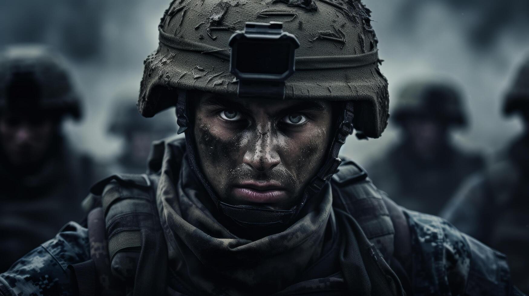 Intense soldier with combat gear in a dark environment photo