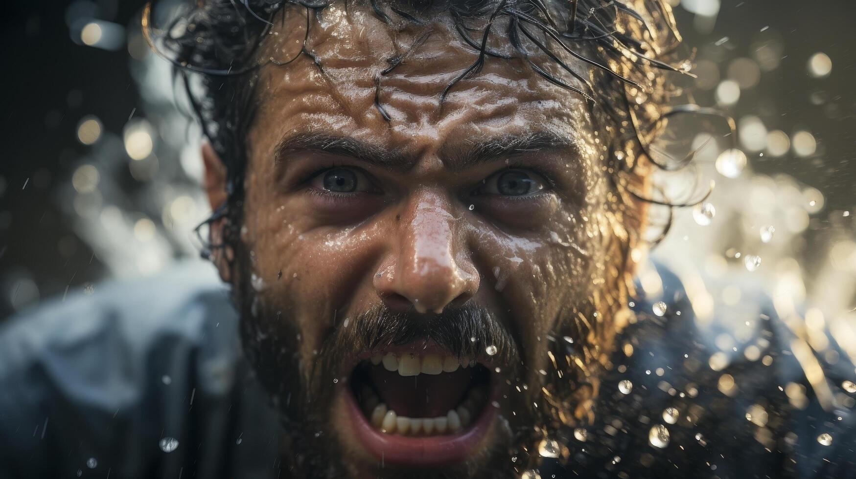 intense close up of a mans face with water splashing photo