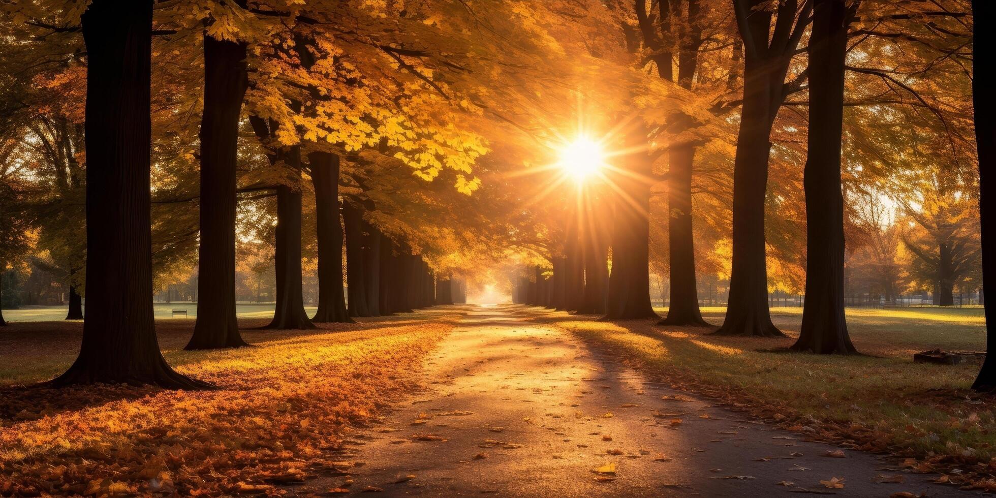 Vibrant autumn landscape with sun rays shining through trees photo