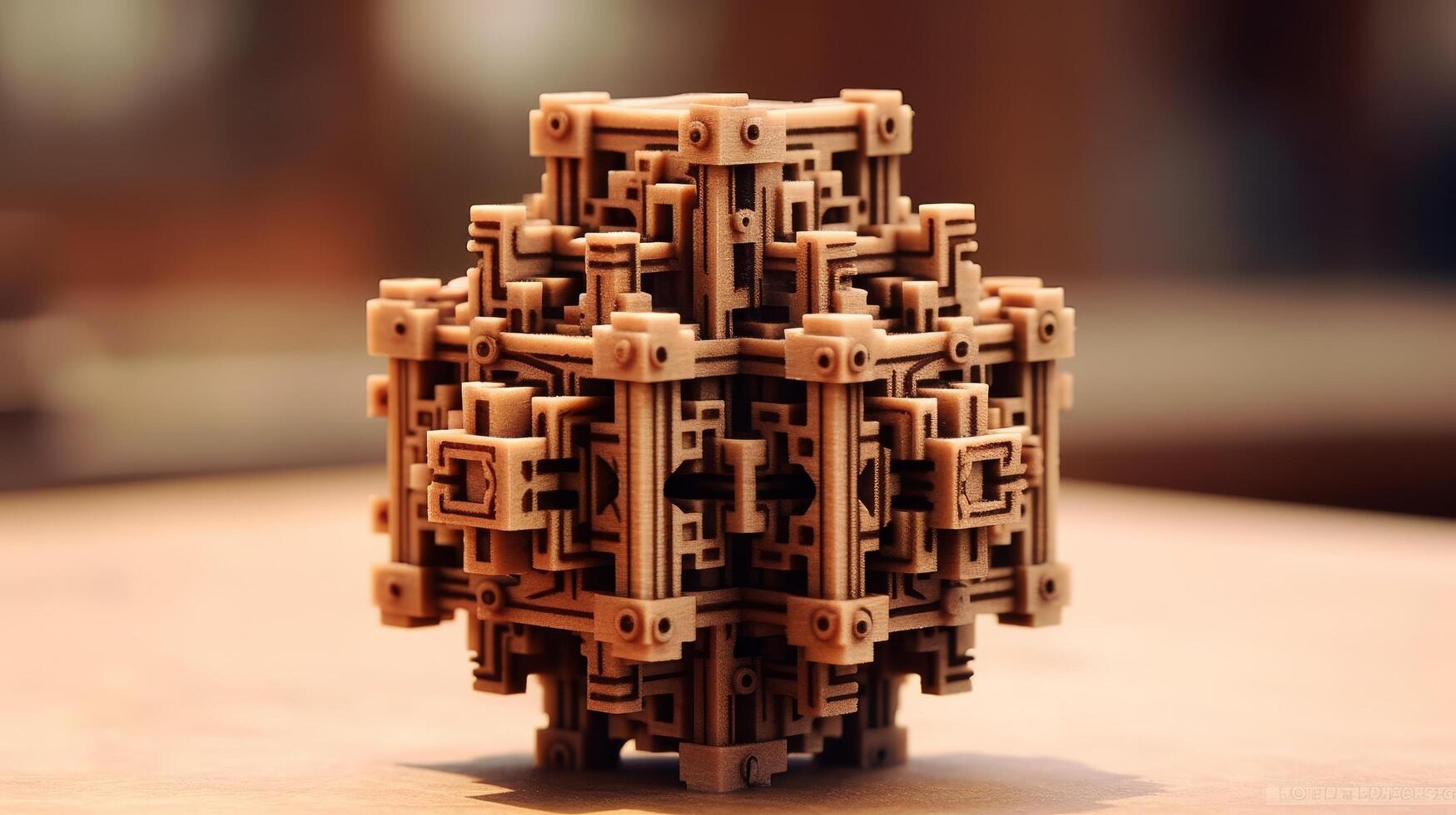 Intricate wooden sculpture with abstract geometric design photo