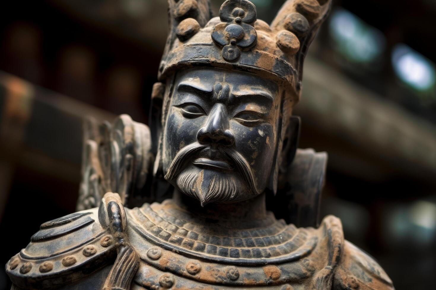 ancient asian warrior statue with ornate details photo