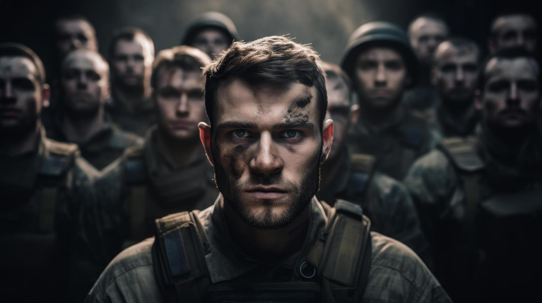 Serious military soldier in combat gear with group of soldiers behind photo