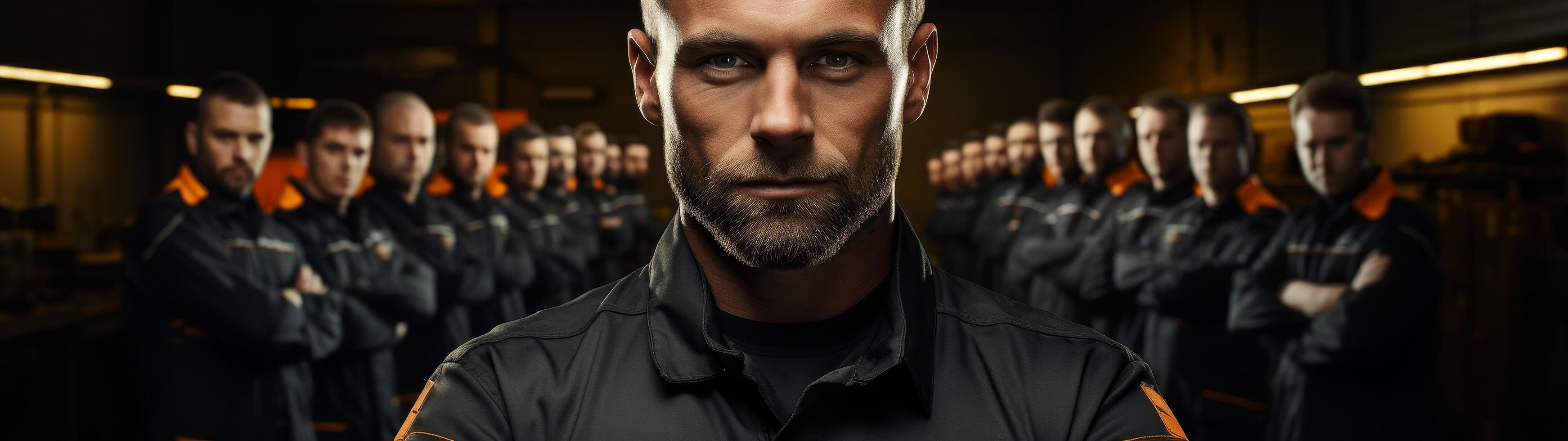 serious man in uniform leading a group of workers photo