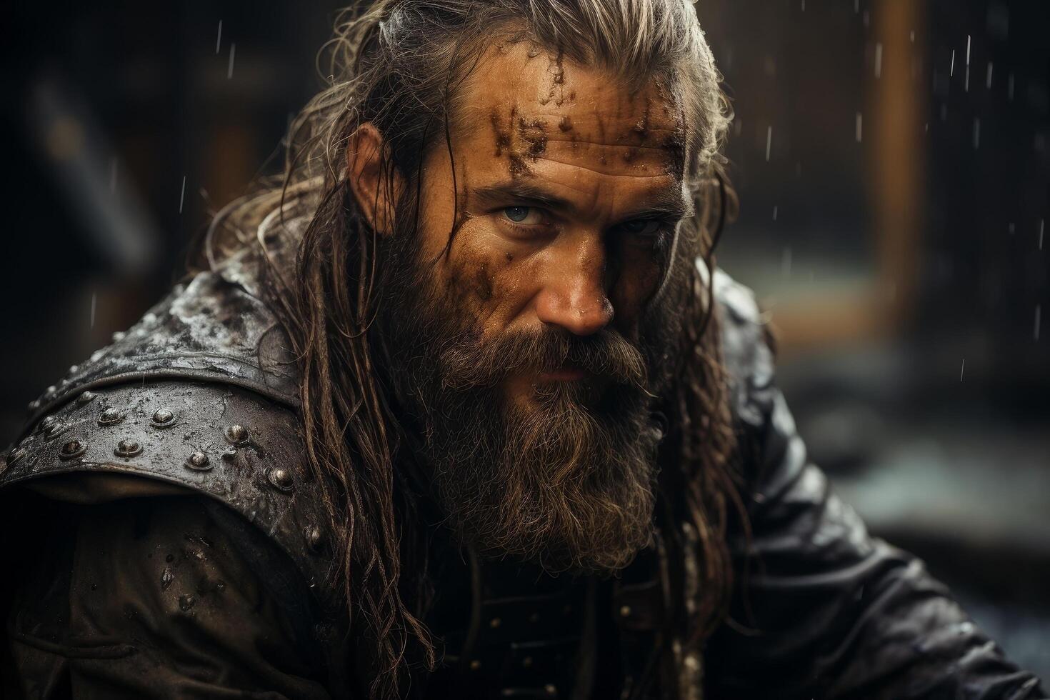 Rugged warrior with battle worn face photo