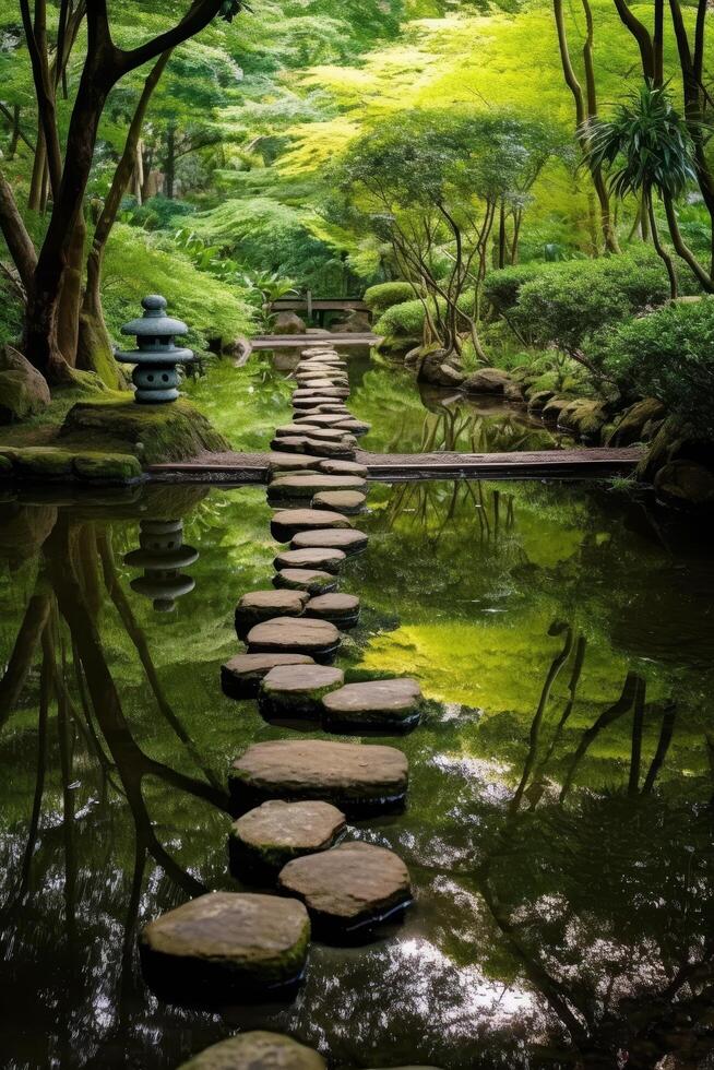 Serene Japanese garden with stone path and reflection pool photo