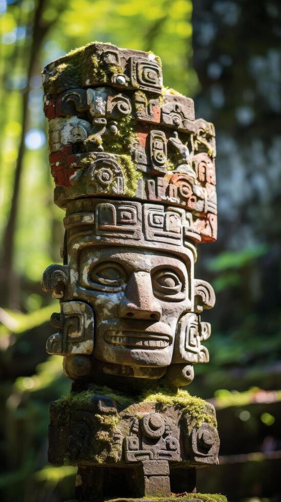ancient carved stone totem in forest photo
