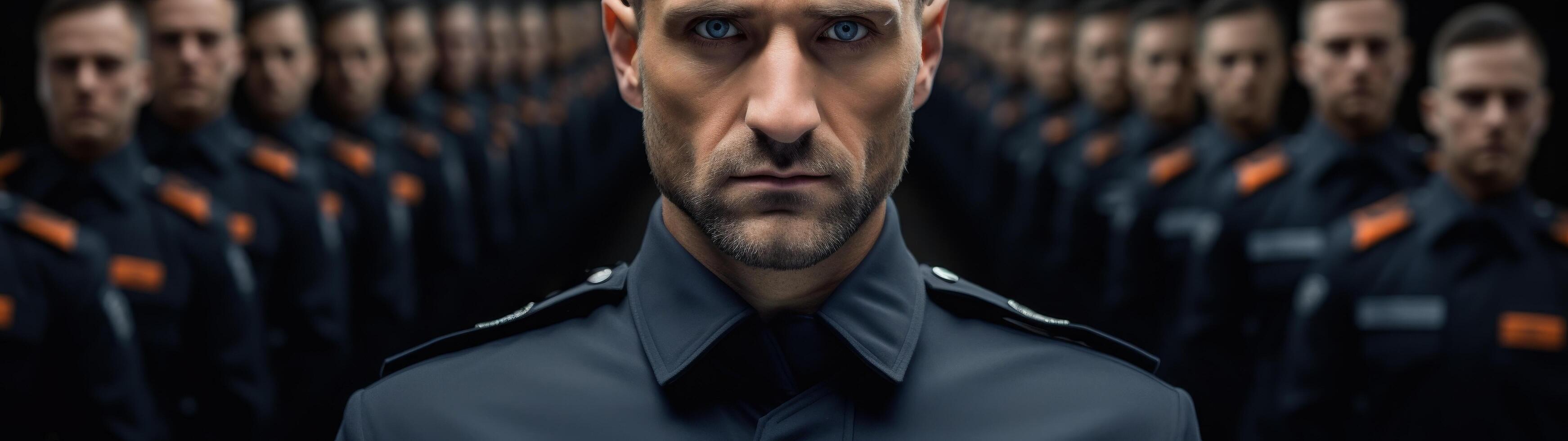 Stern military officer leading troops photo