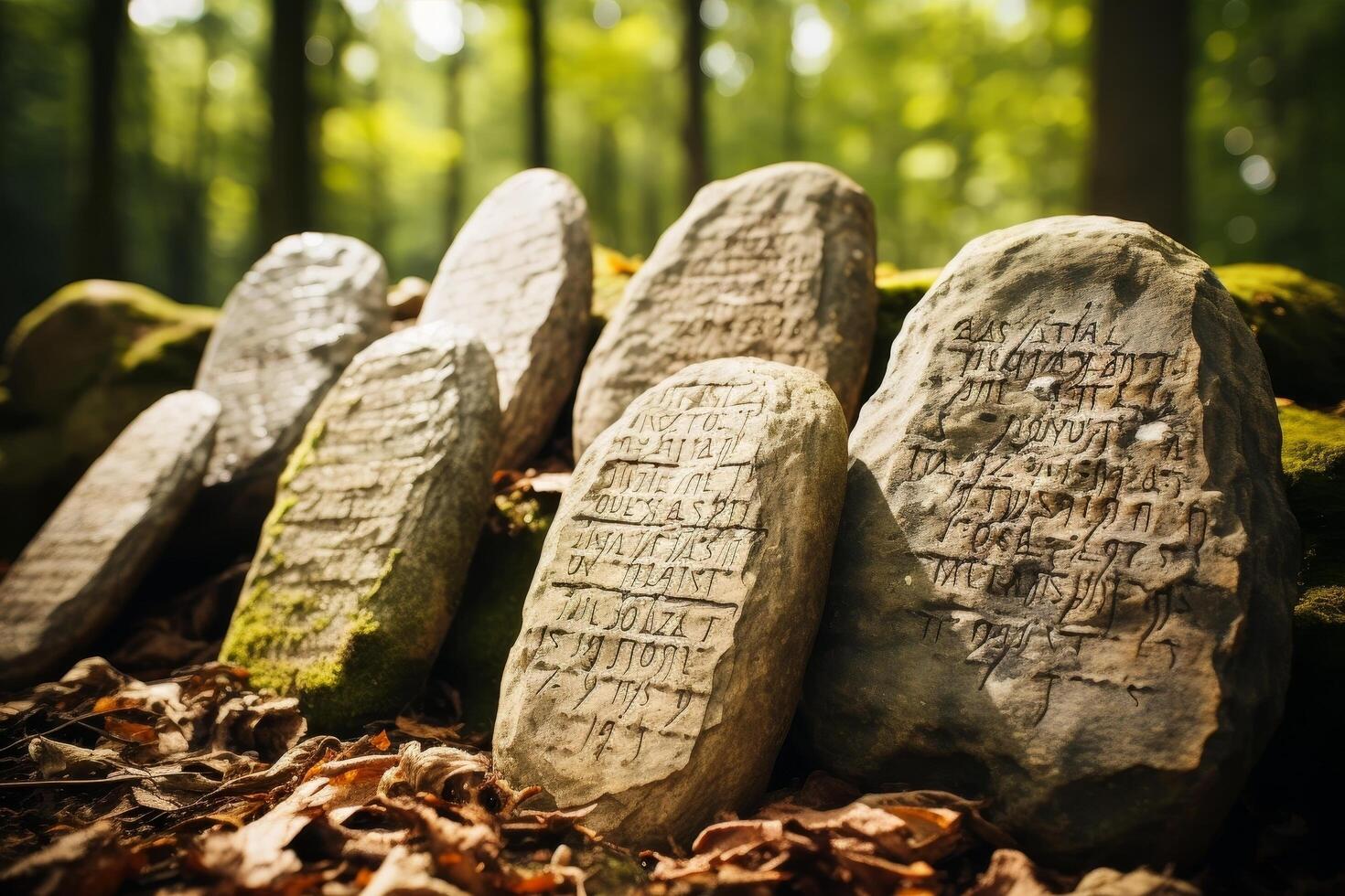 ancient carved stones in a forest photo