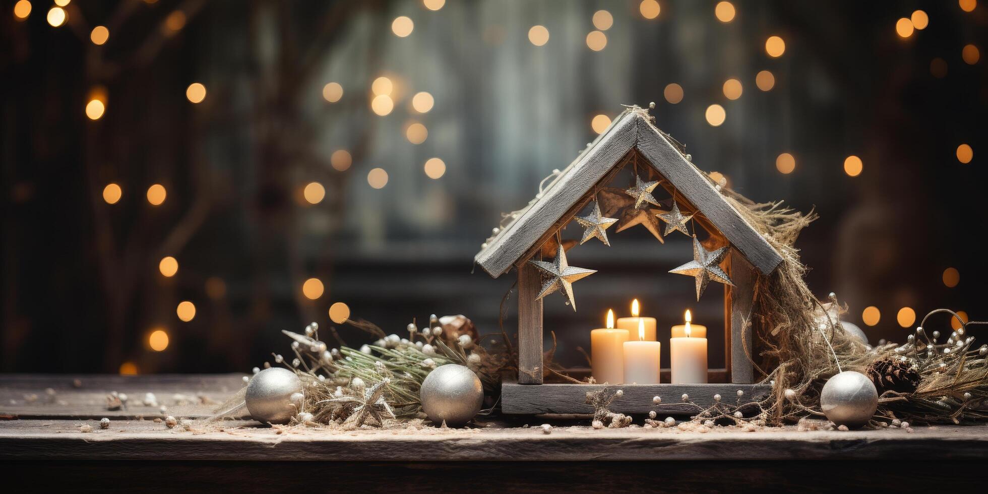 cozy christmas nativity scene with candles and ornaments photo