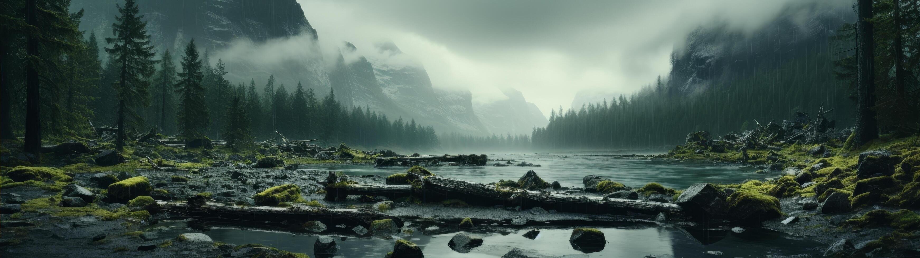 Serene misty forest landscape with lake and rocks photo