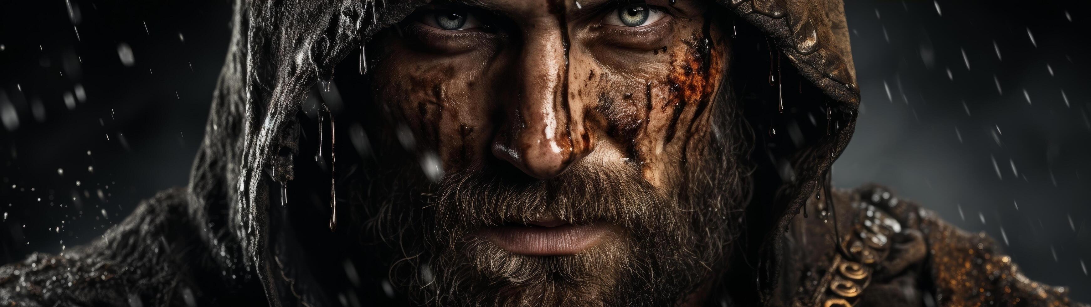 Rugged man with intense gaze in the rain photo