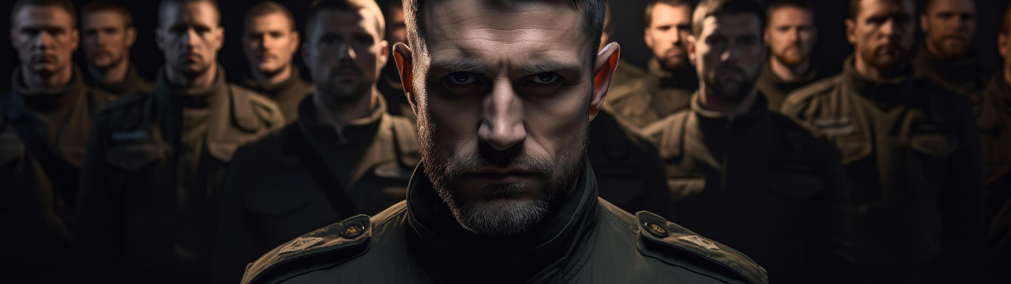Intense military commander leading a group of soldiers photo