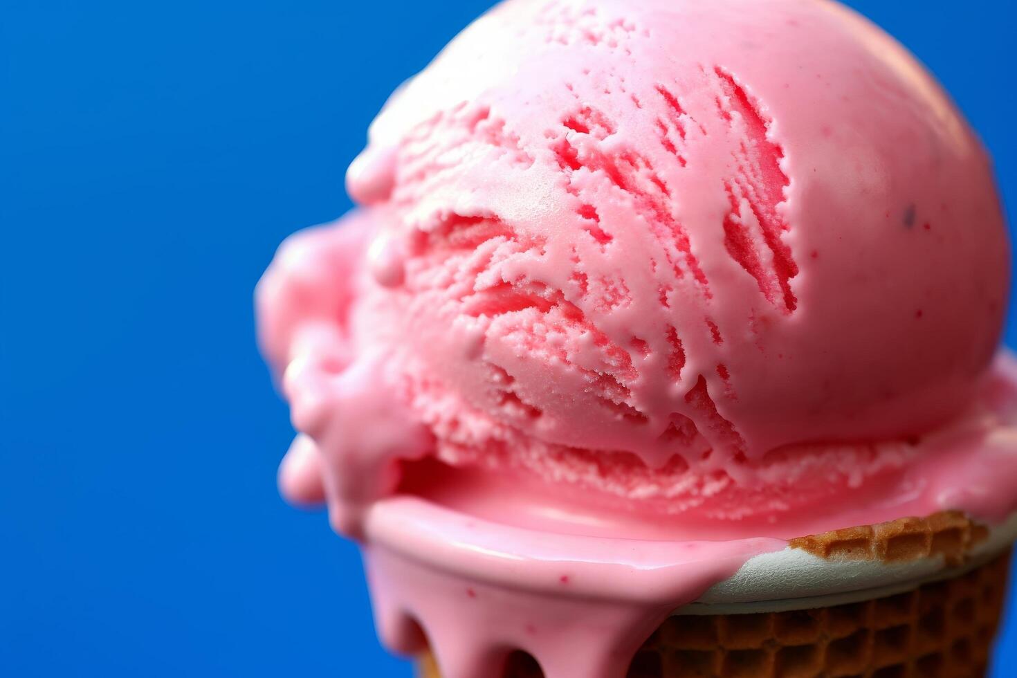 Delicious pink ice cream scoop in a waffle cone photo
