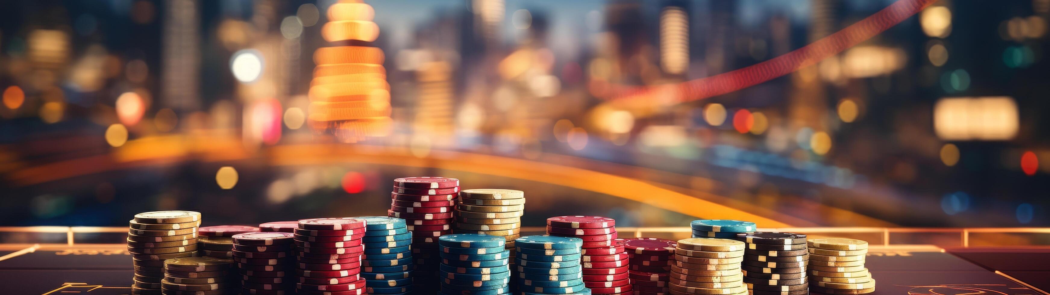 Stacks of casino chips on a gaming table with blurred city lights in the background photo