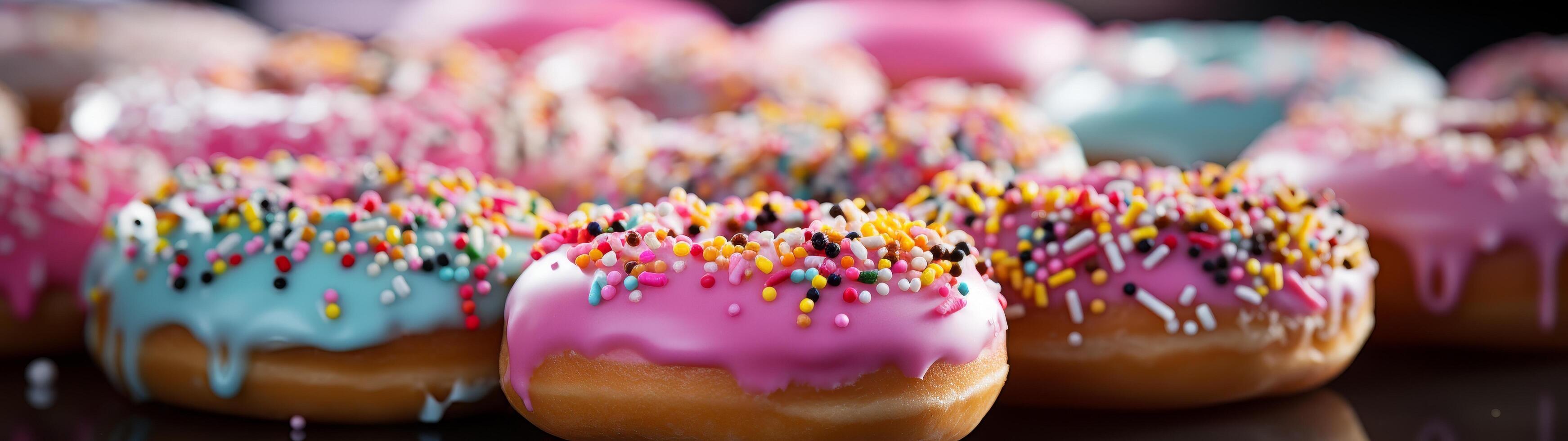 Colorful assortment of glazed donuts with sprinkles photo