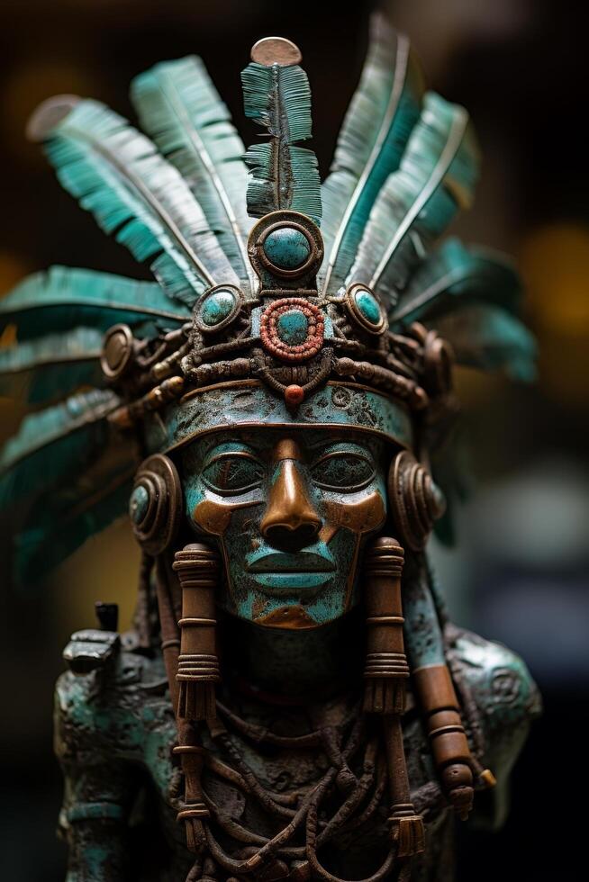 Intricate aztec or mayan mask with turquoise feathers photo