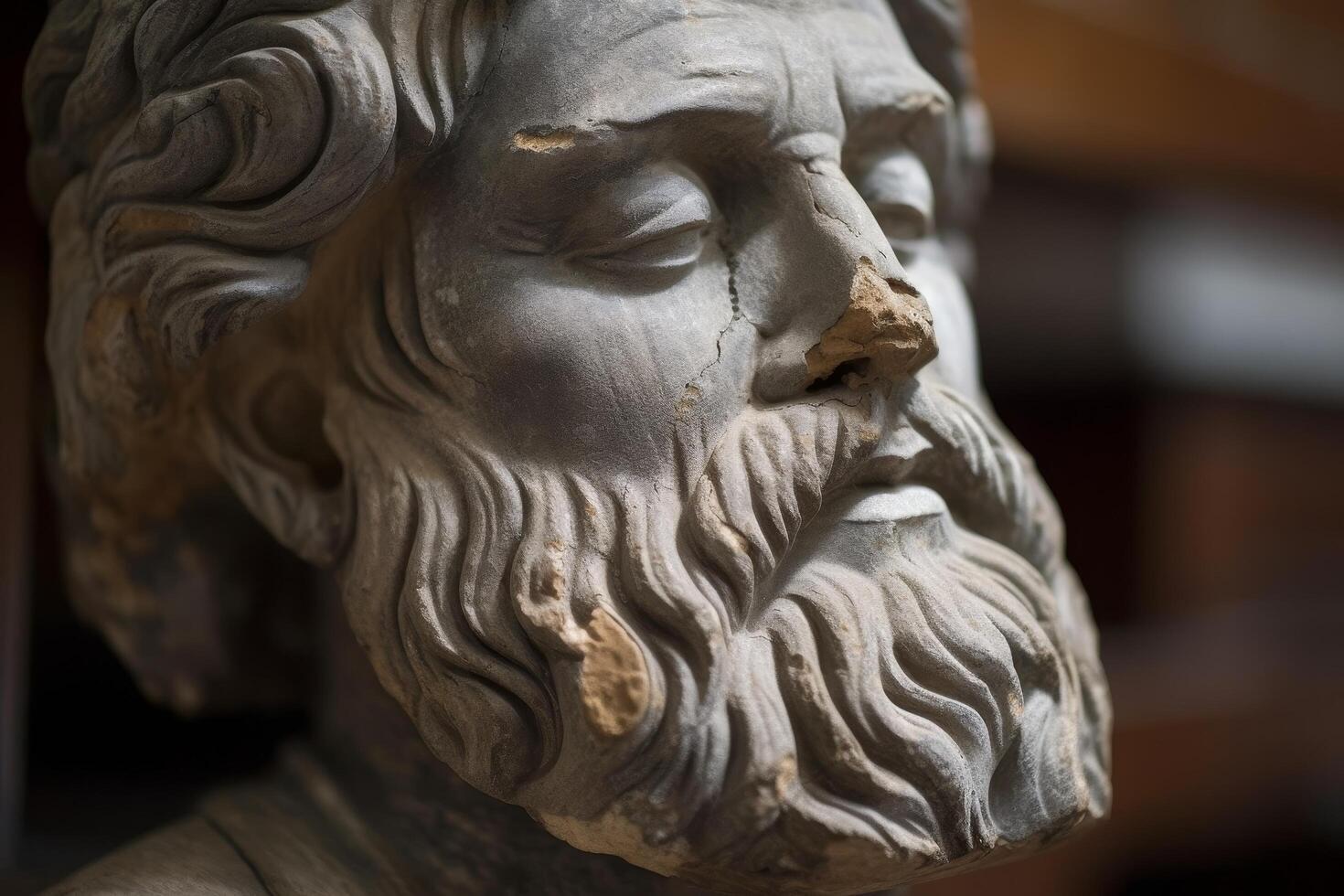 Weathered stone face sculpture with intricate details photo