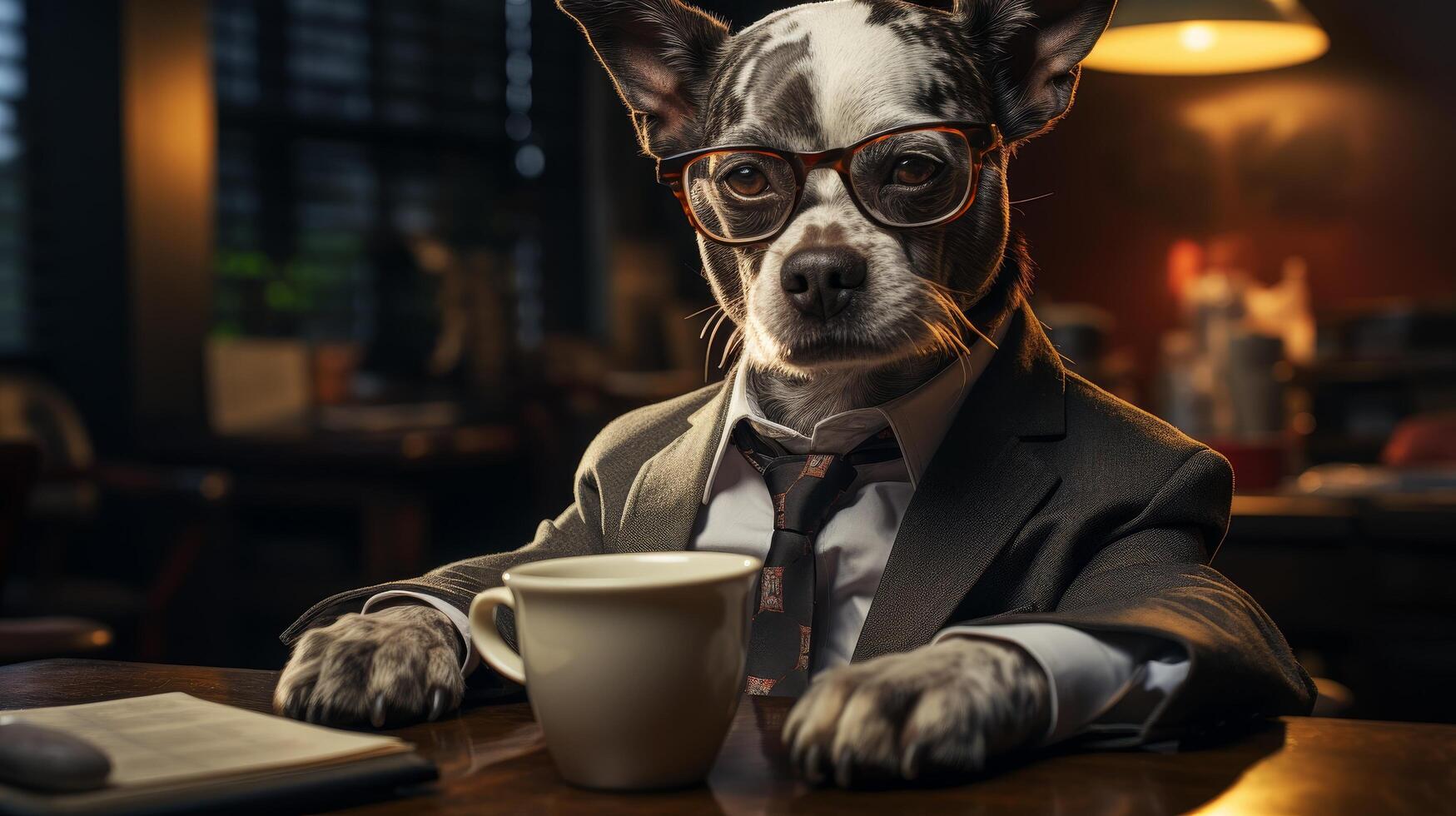 Sophisticated dog in business attire enjoying a cup of coffee photo