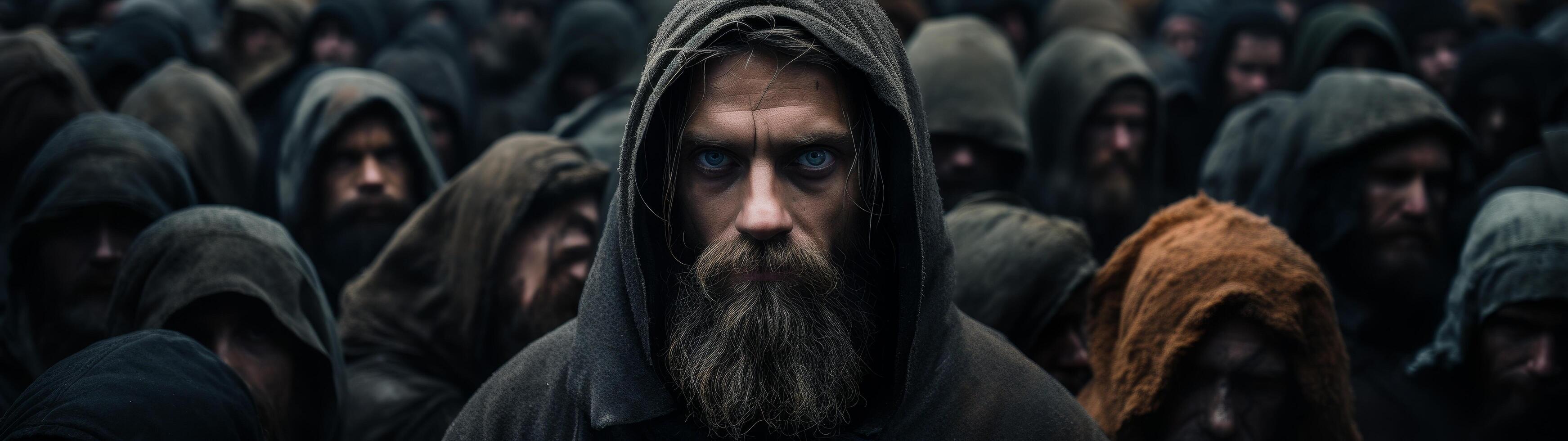 Mysterious hooded man in a crowd photo
