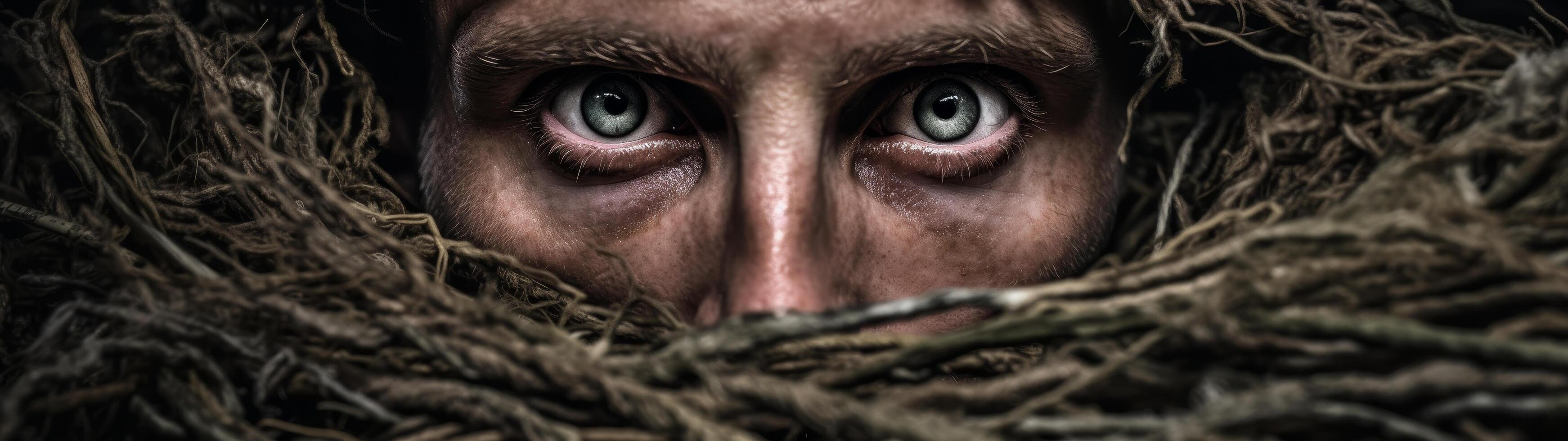 Mysterious eyes peering through tangled branches photo