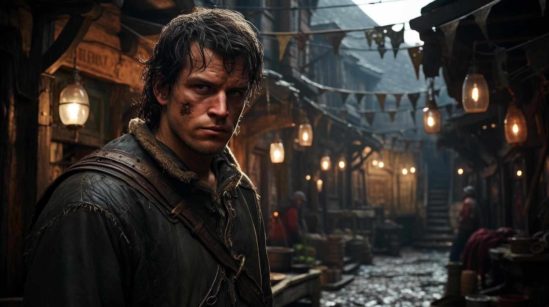 Rugged adventurer in a dimly lit alleyway photo