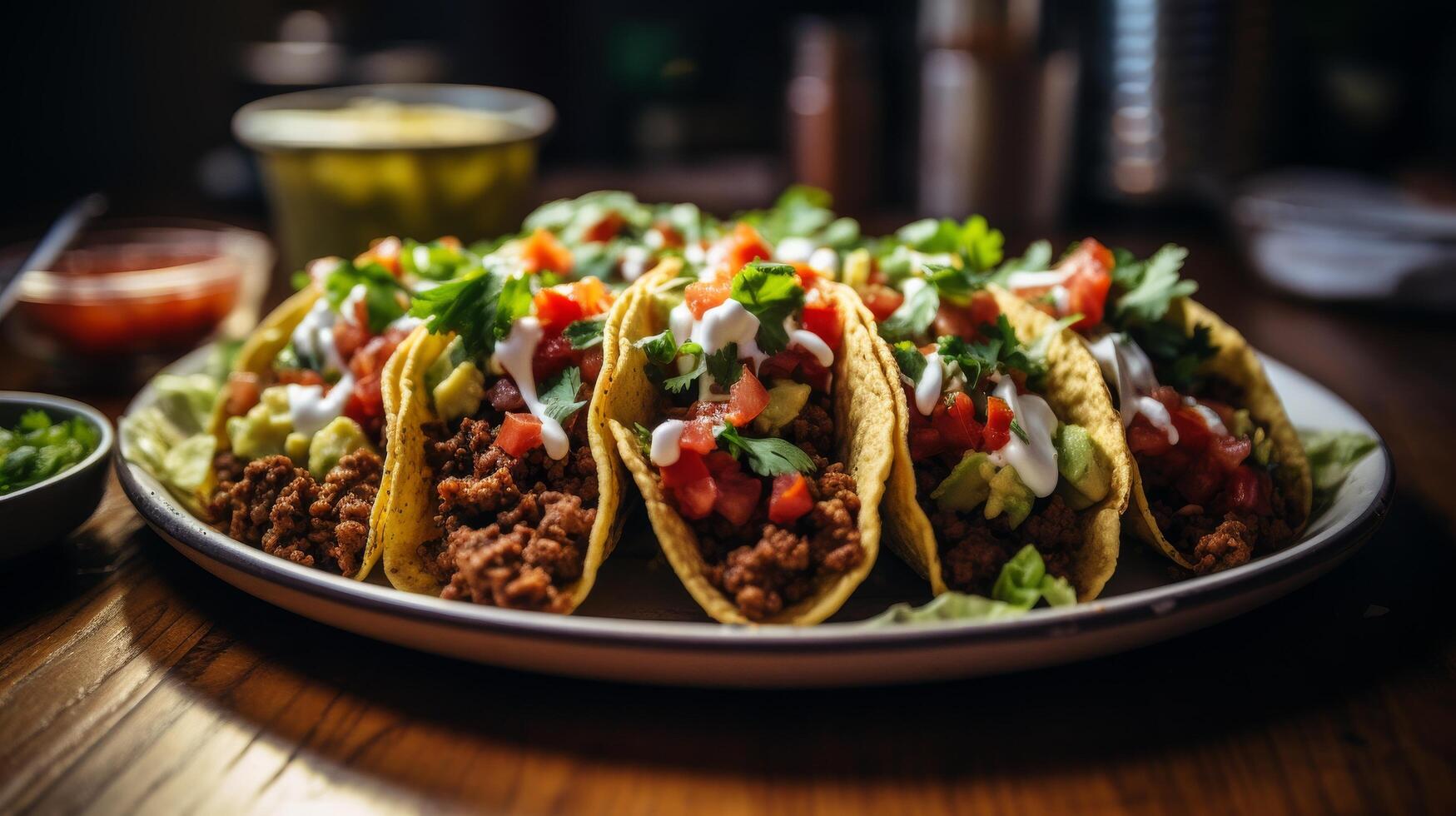 Delicious homemade tacos with ground beef, lettuce, tomatoes, and sour cream photo