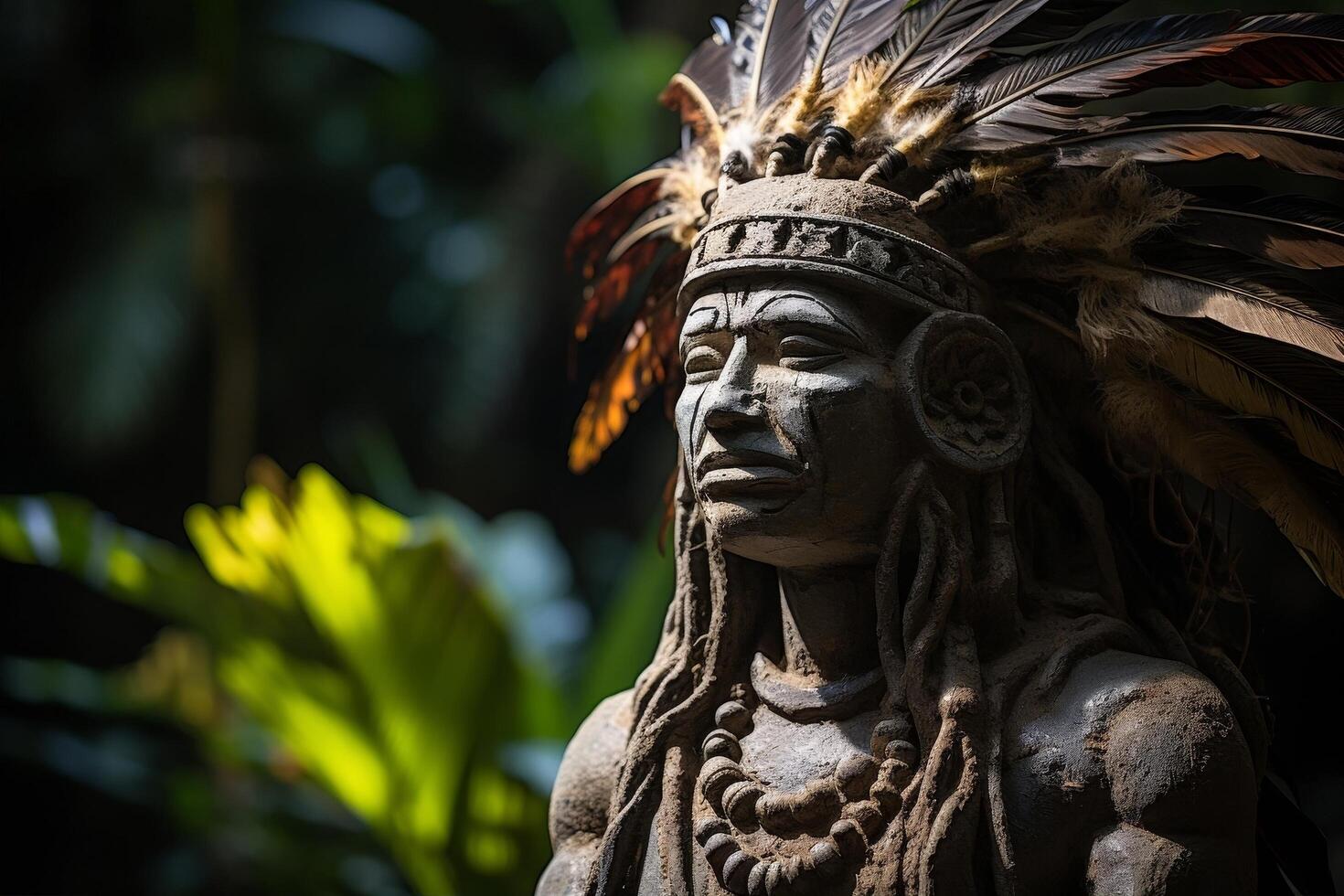Carved indigenous tribal statue with feathered headdress photo