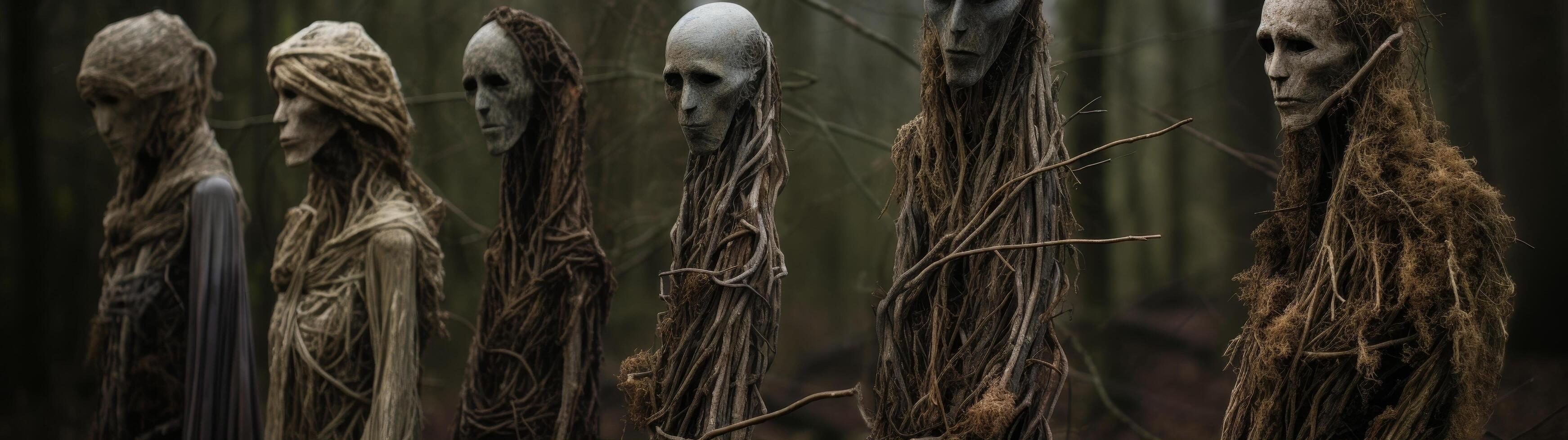 Mysterious hooded figures in a dark forest photo