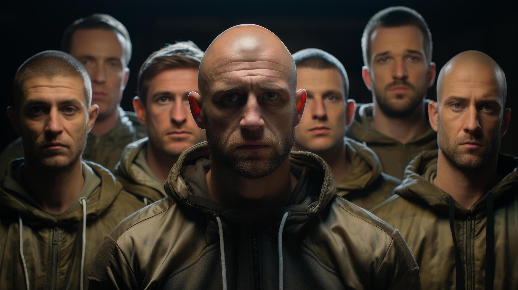 group of serious looking men in military style jackets photo