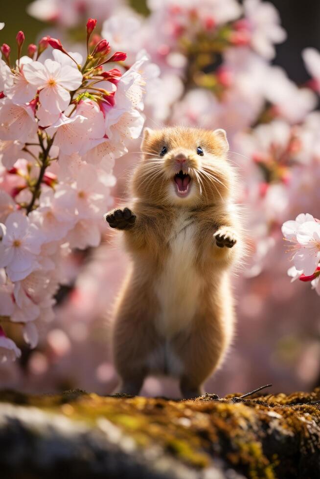 Cute furry animal in spring flowers photo