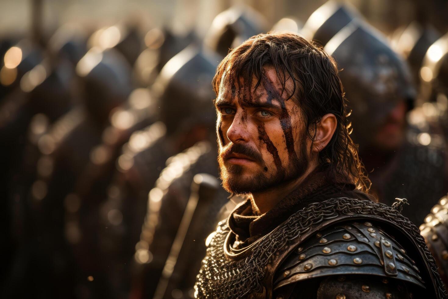 warrior in battle armor with a determined expression photo