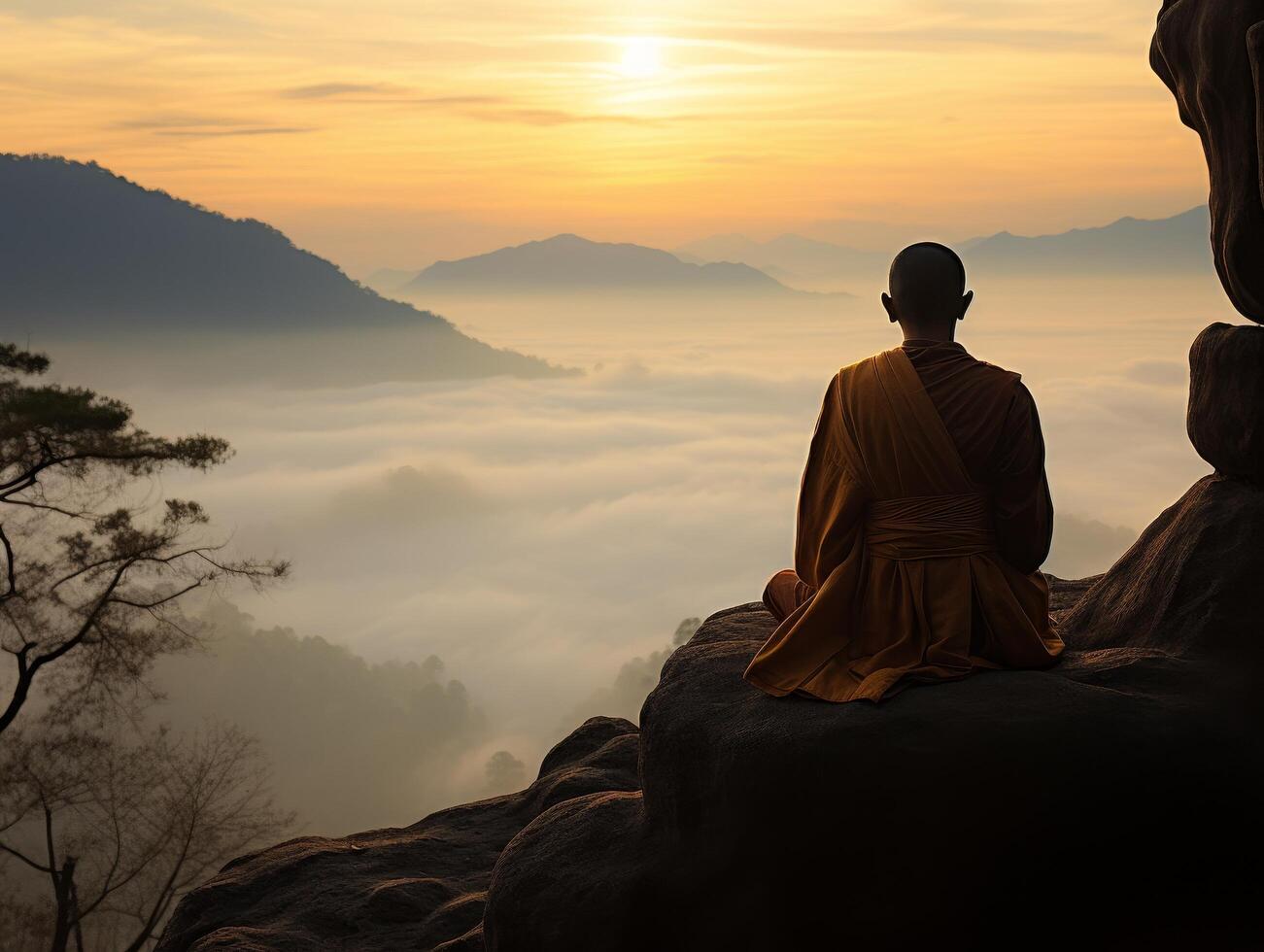 Silhouetted figure in meditation overlooking misty mountain landscape at sunset photo