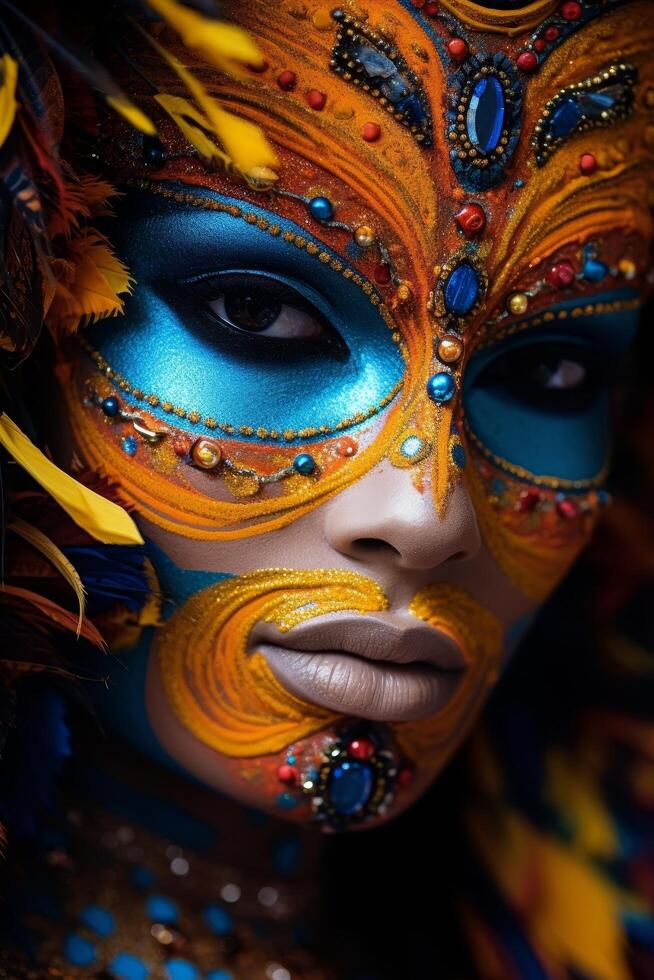 Vibrant carnival mask with intricate designs and feathers photo