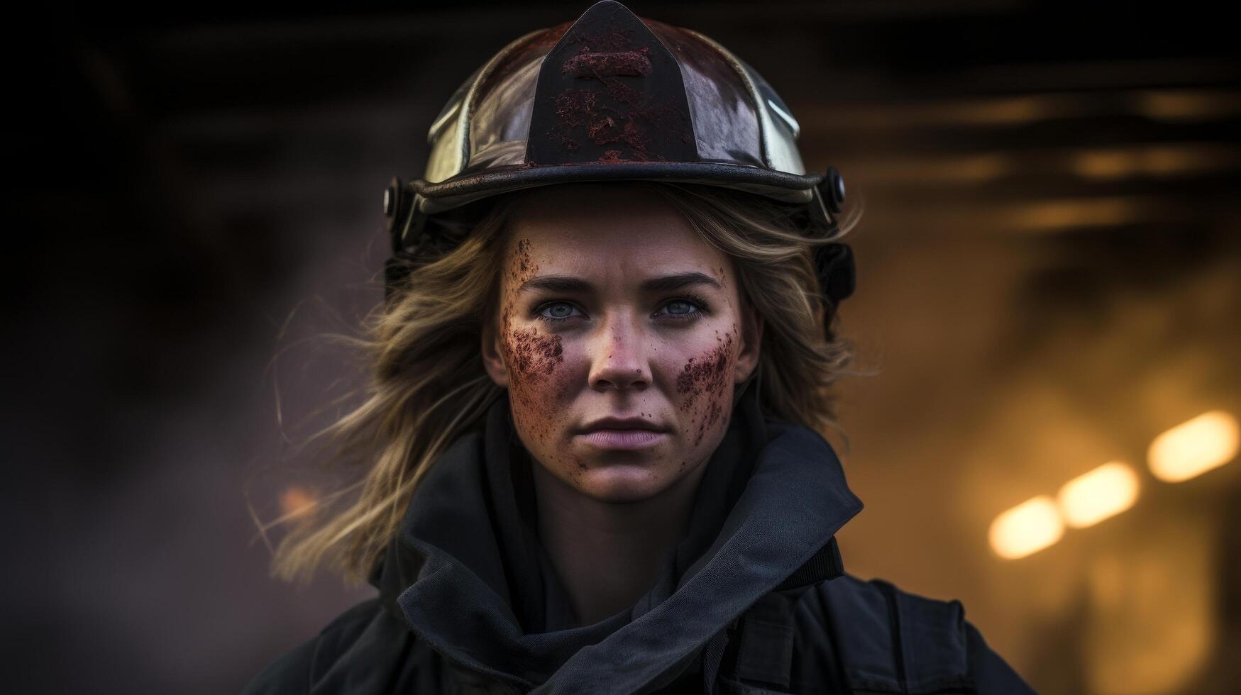 Determined firefighter with soot covered face photo