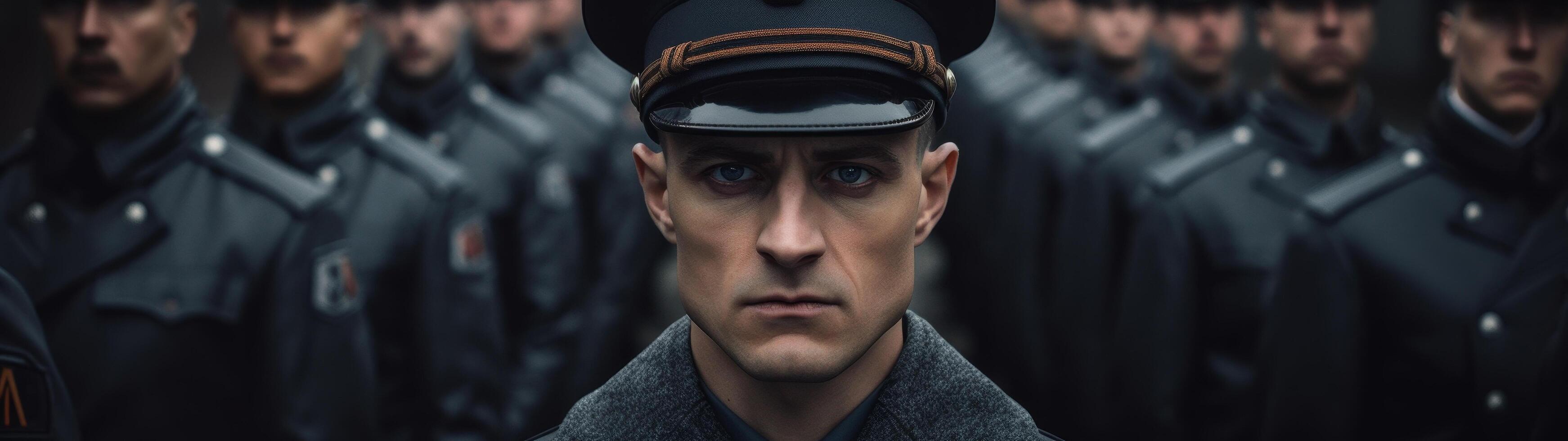 serious military officer in uniform with soldiers in background photo