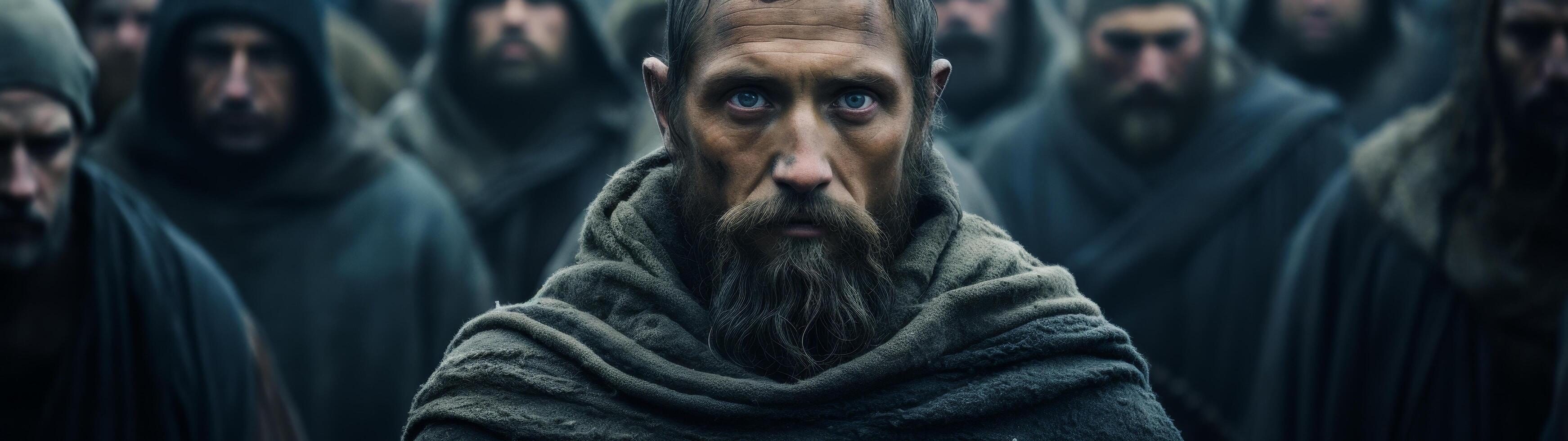 Mysterious bearded man in dark hooded cloak photo