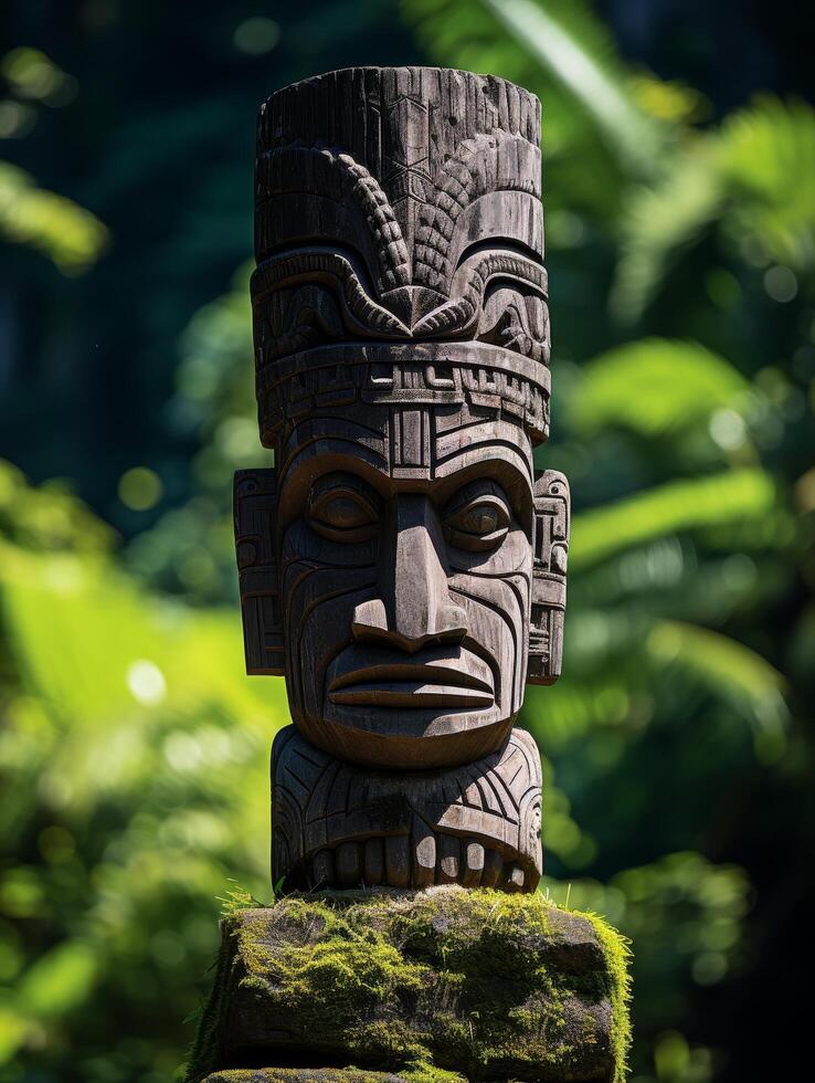 Carved wooden totem pole in lush green forest photo