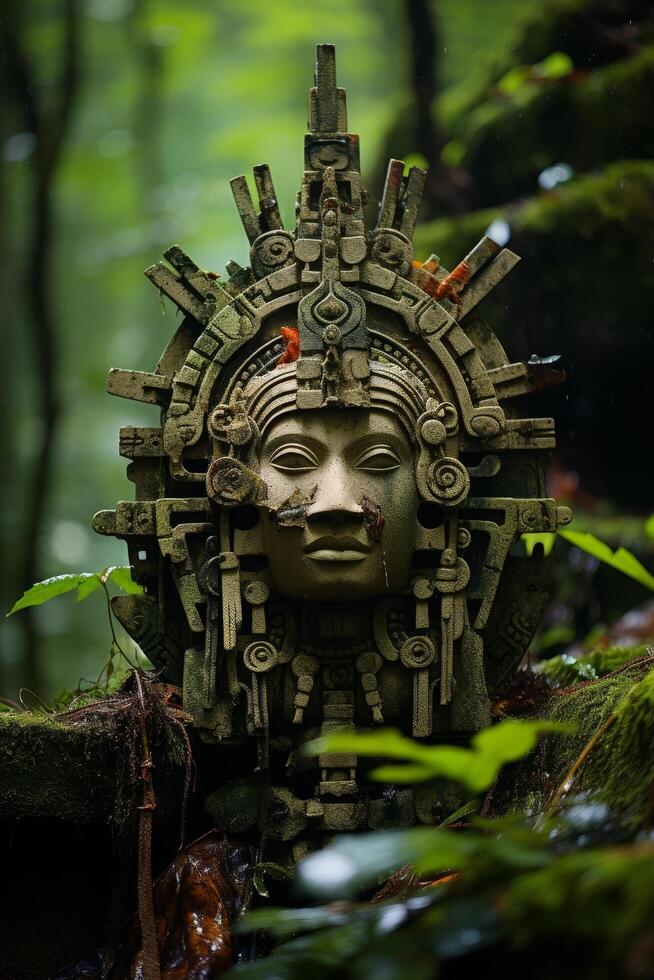 ancient mesoamerican stone sculpture in lush jungle photo