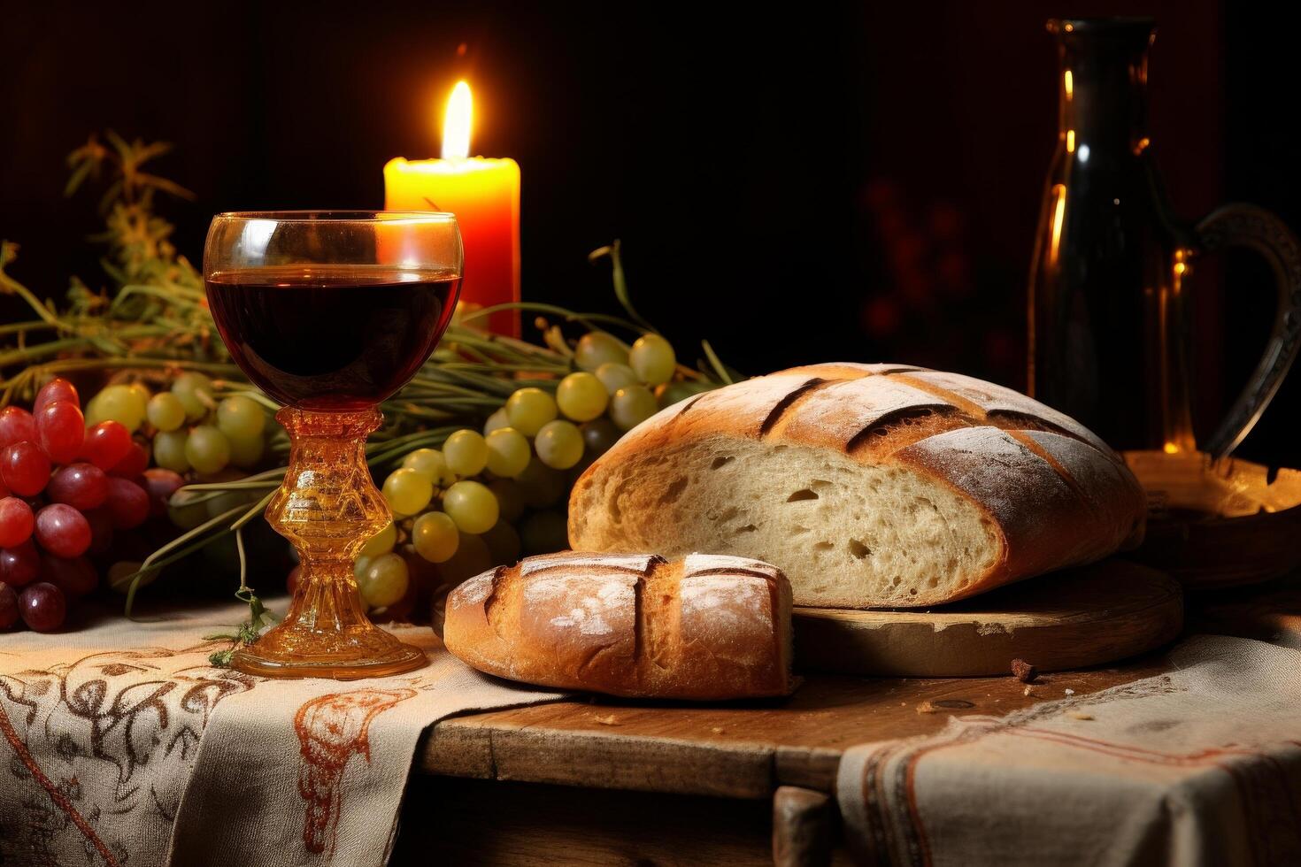 Cozy candlelit dinner with bread, wine, and grapes photo