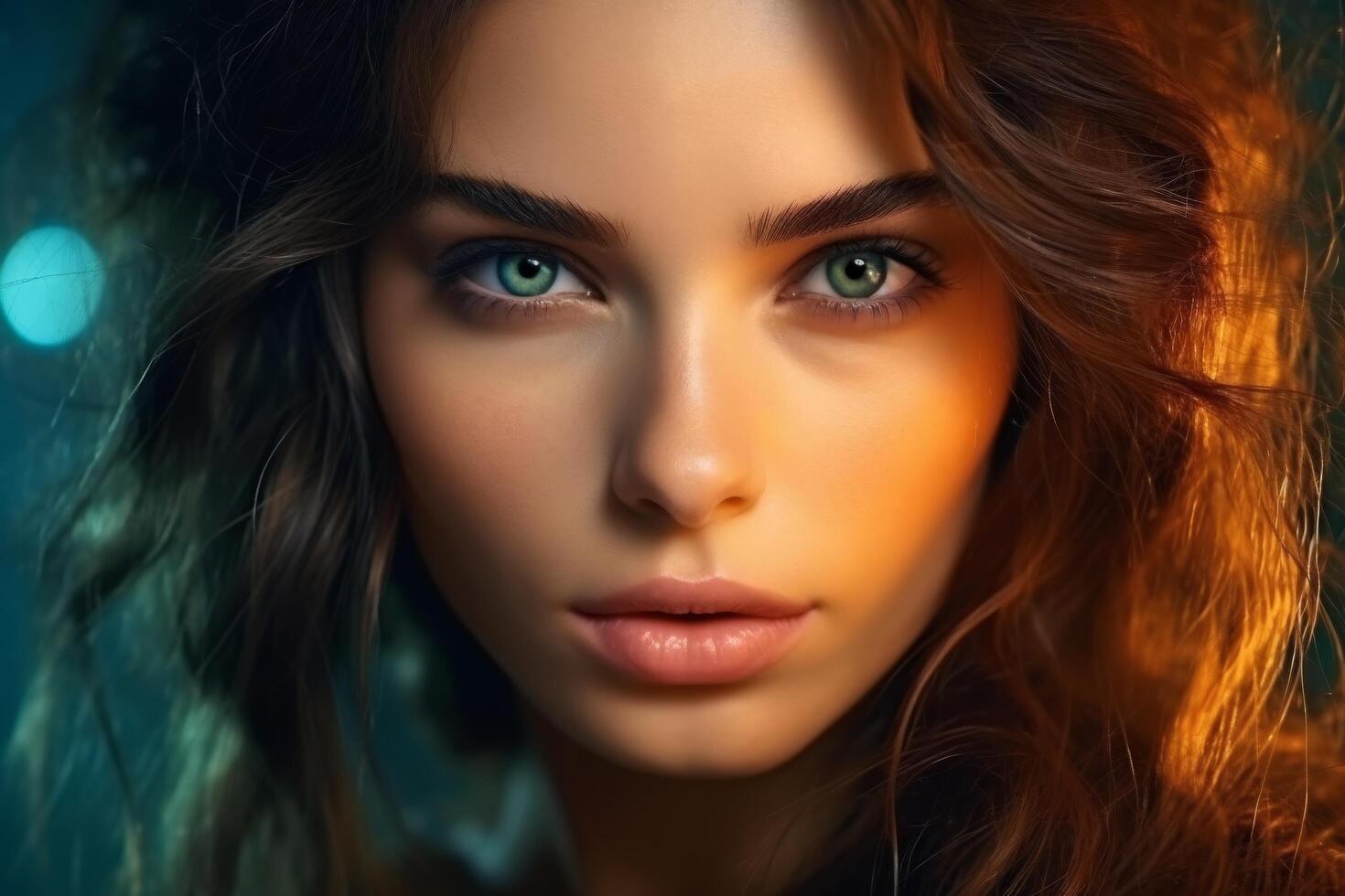 Captivating portrait of a woman with striking green eyes photo
