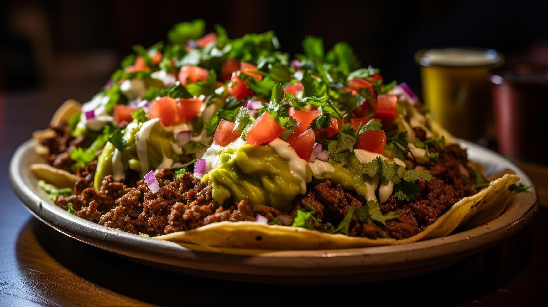 Delicious taco salad with ground beef, lettuce, tomatoes, and avocado photo
