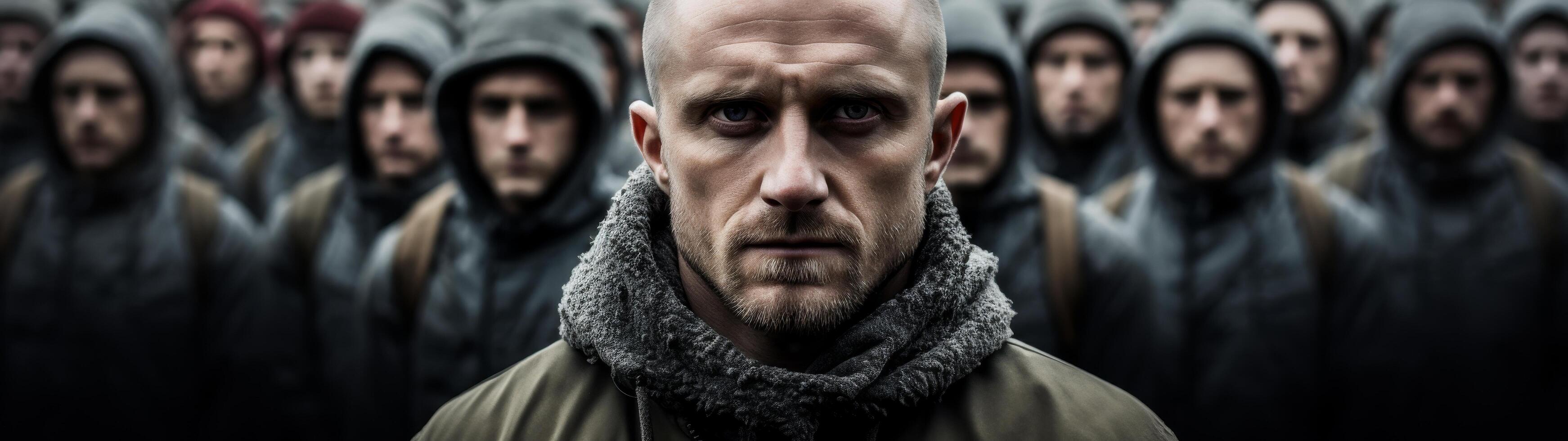 Serious man in winter clothing with a group of people in the background photo
