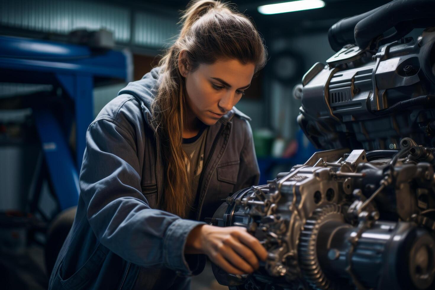 Focused mechanic working on car engine in auto repair shop photo